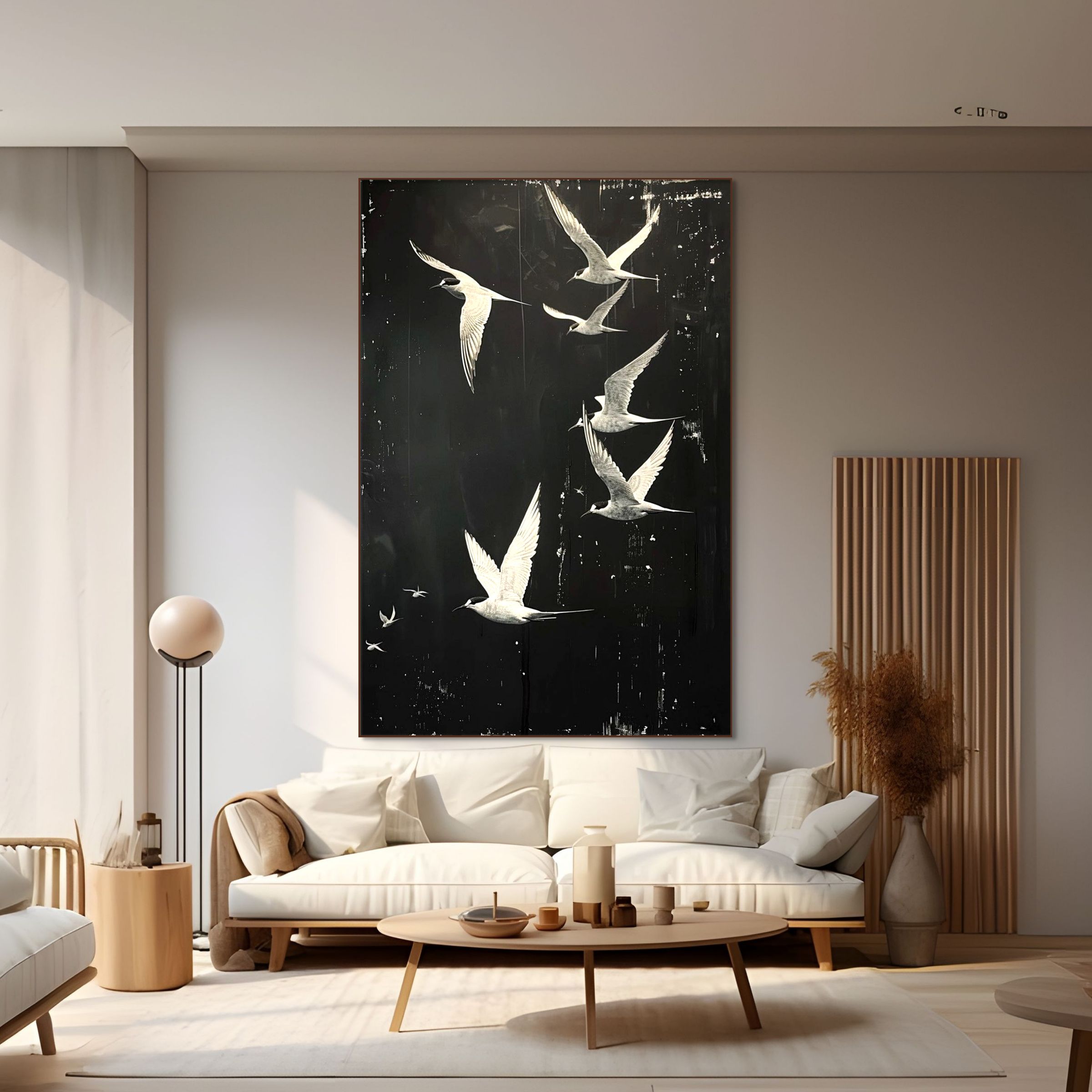 NIGHT FLIGHT: Monochromatic Night Sky Birds Textured Oil Painting