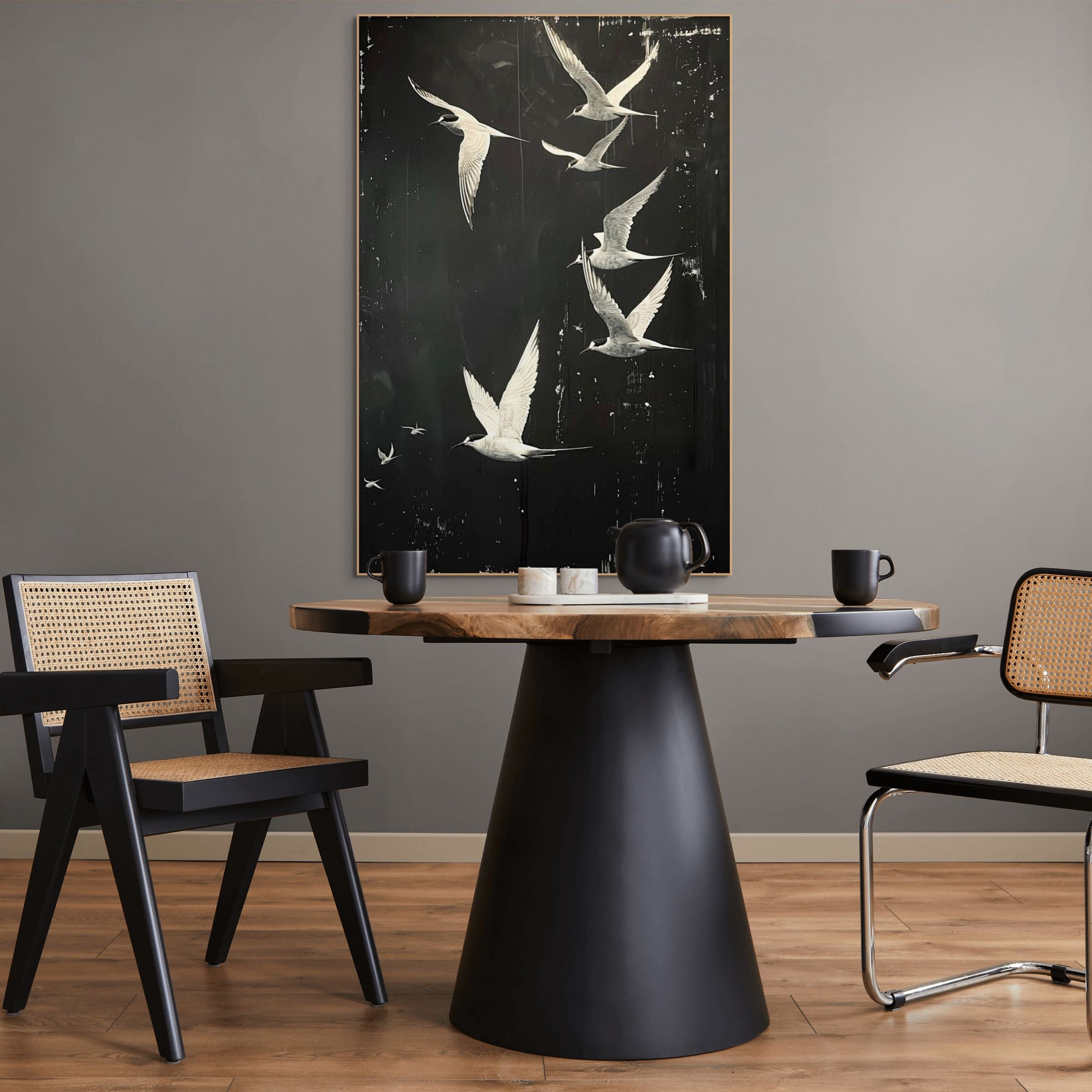 NIGHT FLIGHT: Monochromatic Night Sky Birds Textured Oil Painting