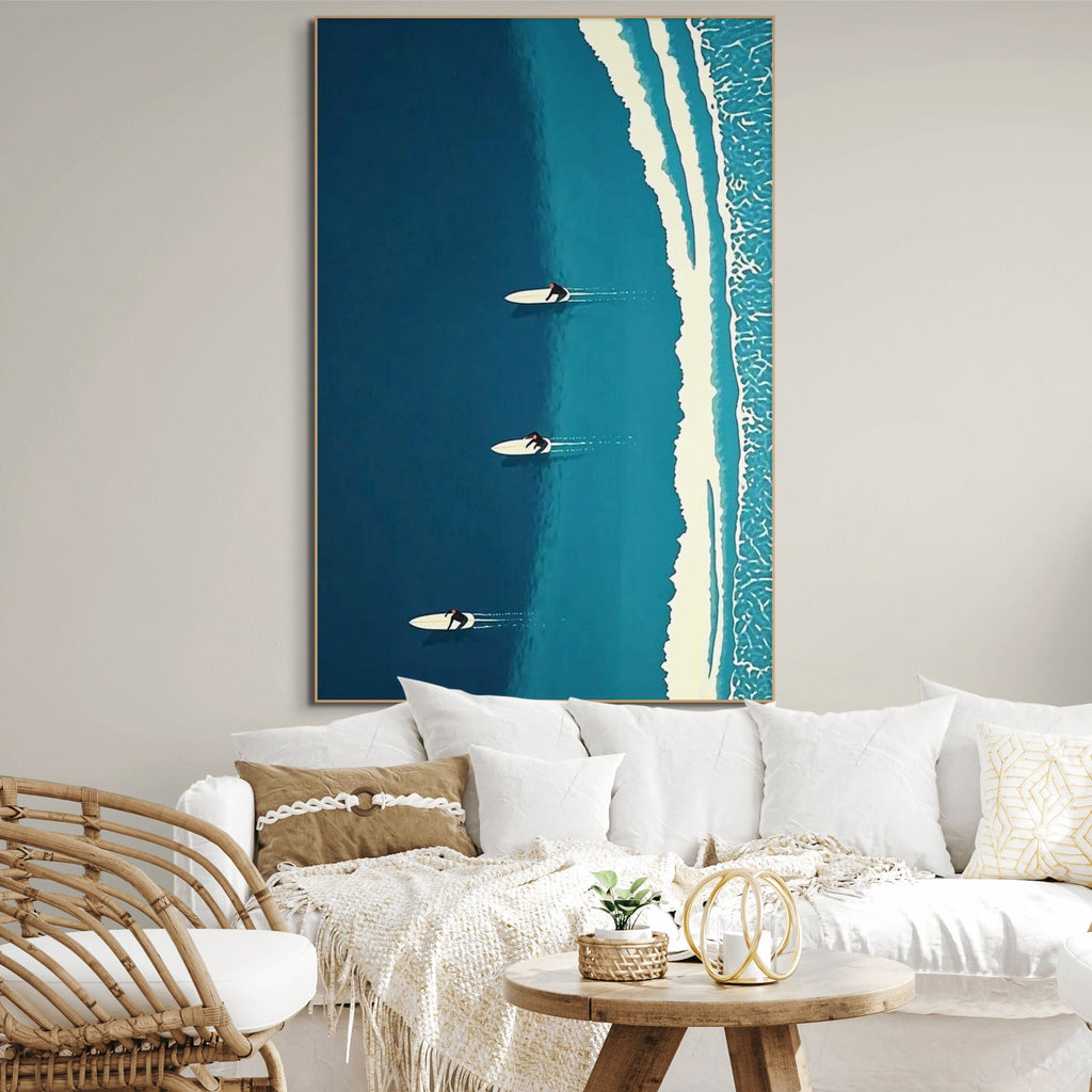 OCEAN'S THREE: Serene Ocean Art Overhead View White Boards Teal Waves