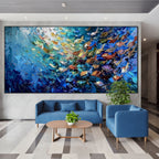 OCEANIC CONVERGENCE: Impasto Iridescent Fish School Converging Canvas