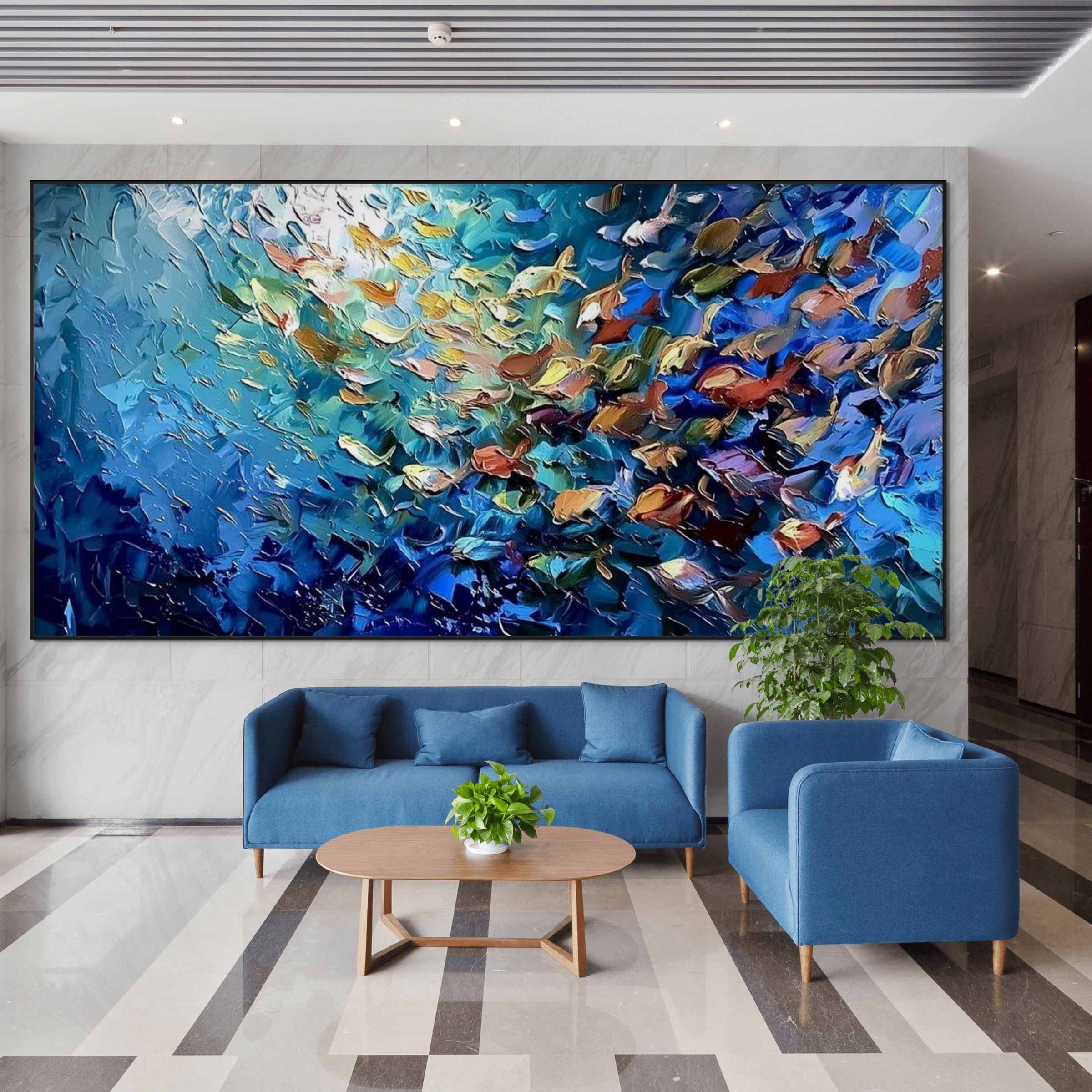 OCEANIC CONVERGENCE: Impasto Iridescent Fish School Converging Canvas