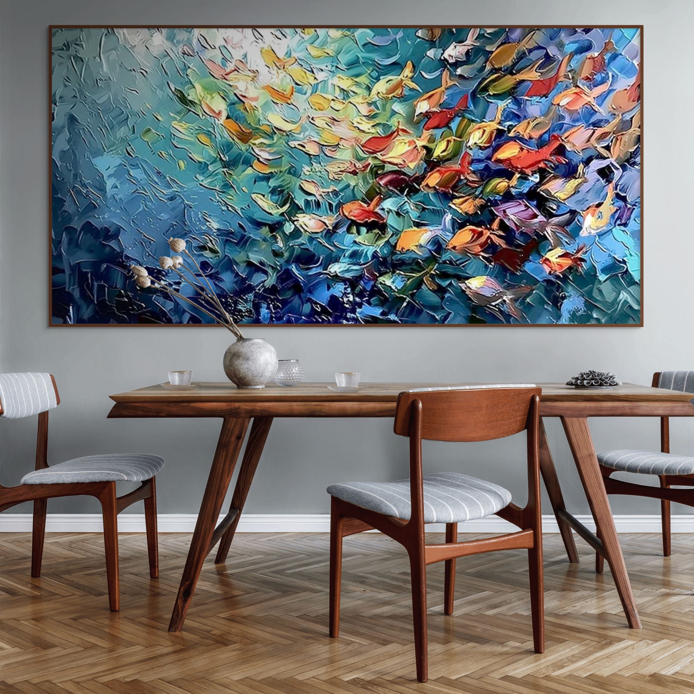 OCEANIC RUSH: Impasto Fish School Deep Blue Canvas