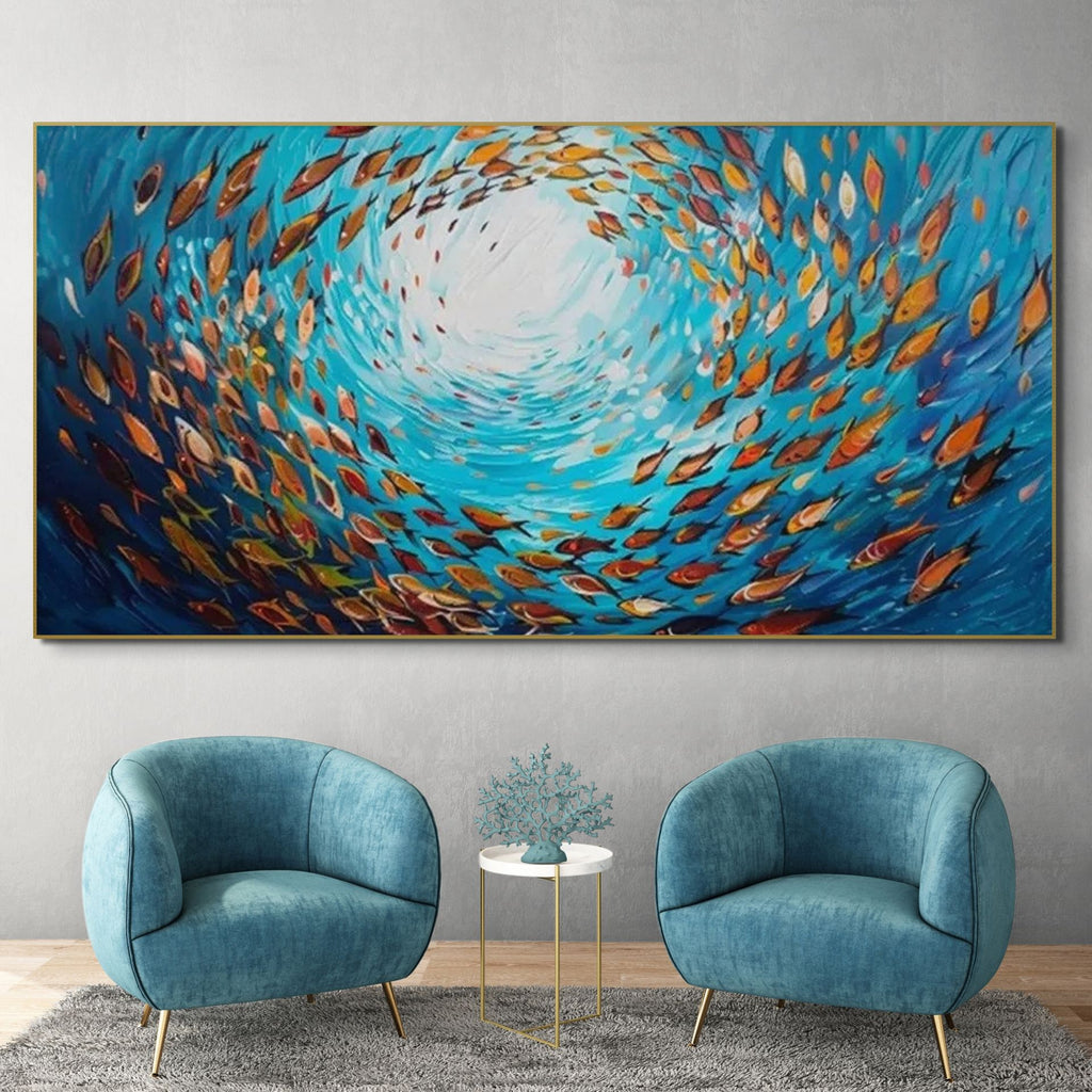 OCEANIC WHIRL: Swirling School of Fish Painting Vibrant Marine Wall Art