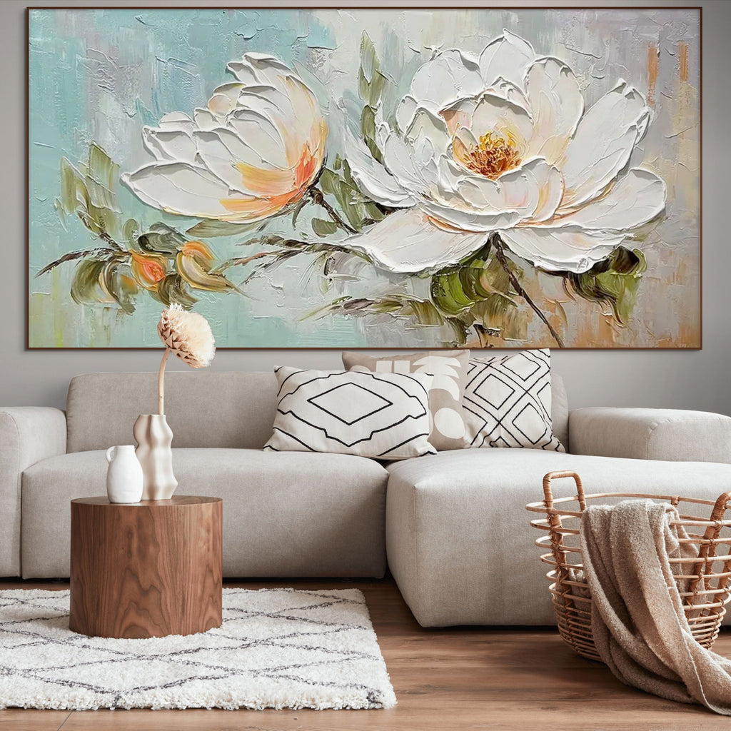 PEONY HARMONY: White Peach Peony Oil Painting