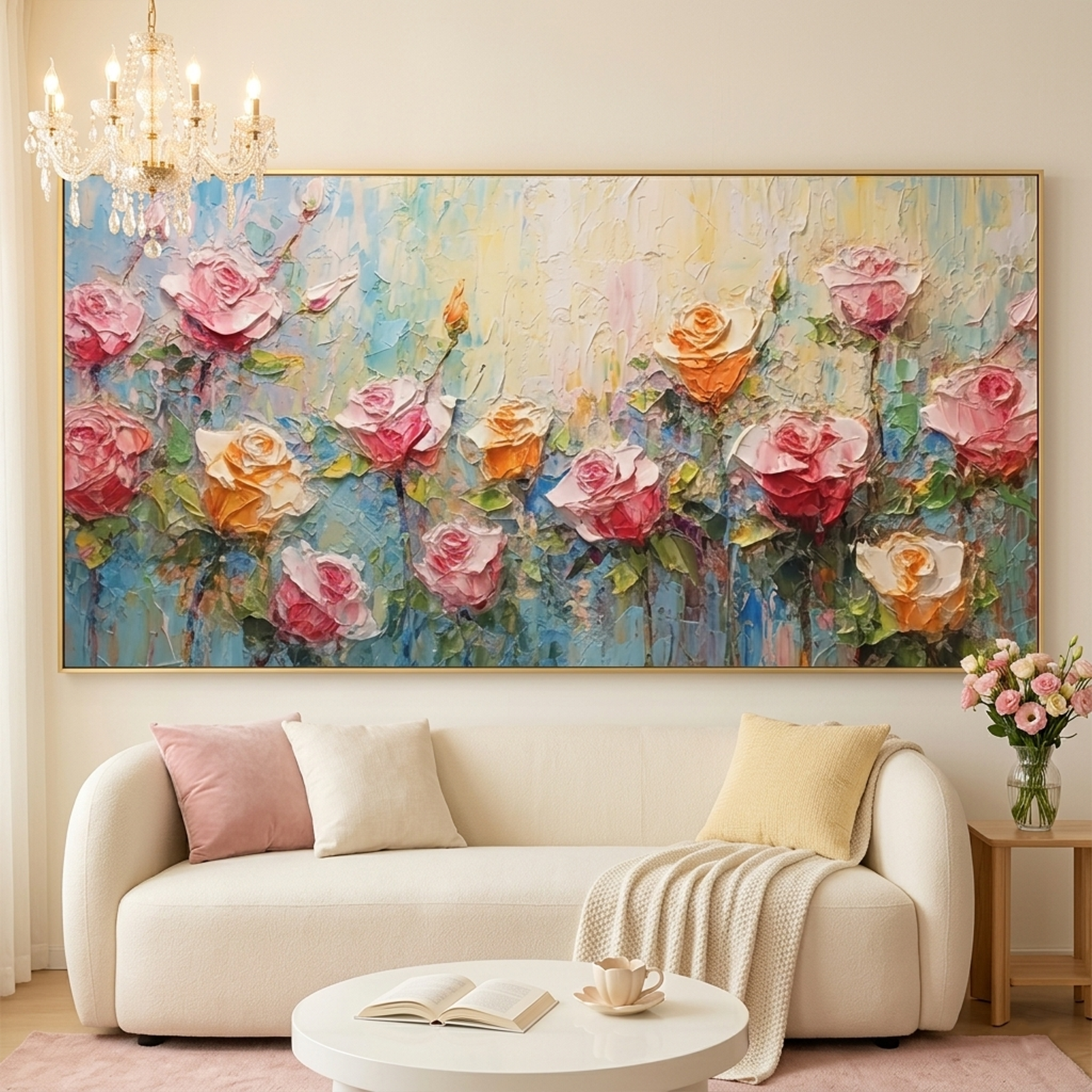 PASTEL ROSE GARDEN: Original Impasto Pink Yellow Cream Floral Canvas