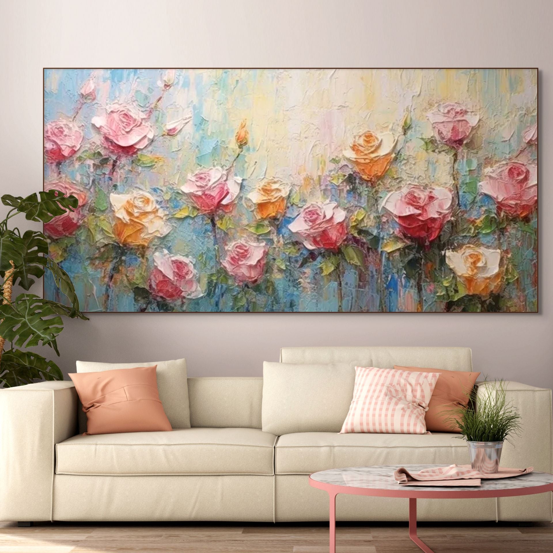PASTEL ROSE GARDEN: Original Impasto Pink Yellow Cream Floral Canvas