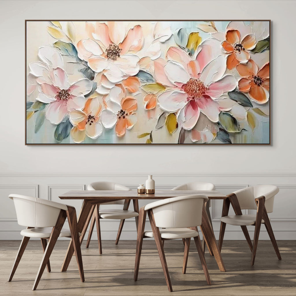 PEACH BLOSSOM: Impasto Italian Peach White Floral Arrangement Canvas