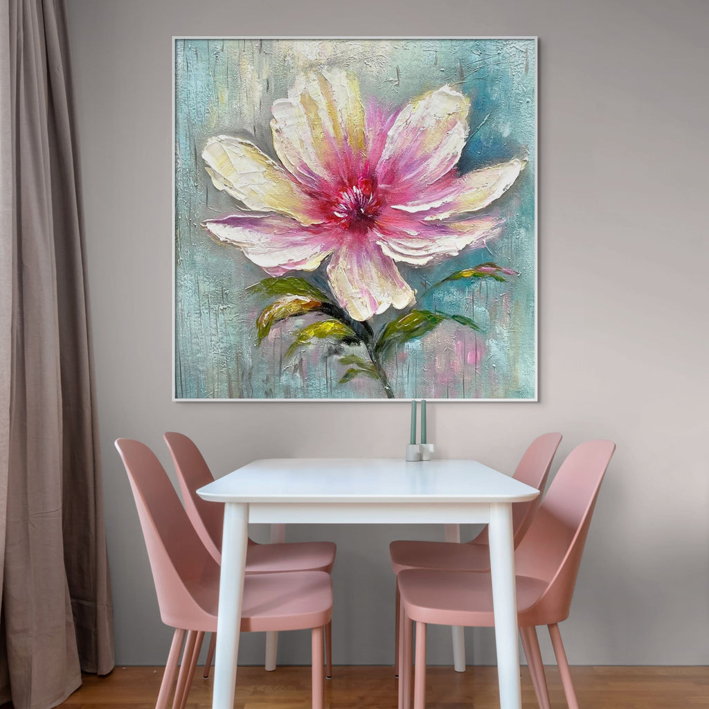 BLUSHING BLOOM: Textured Impasto Soft Pink White Single Flower Canvas