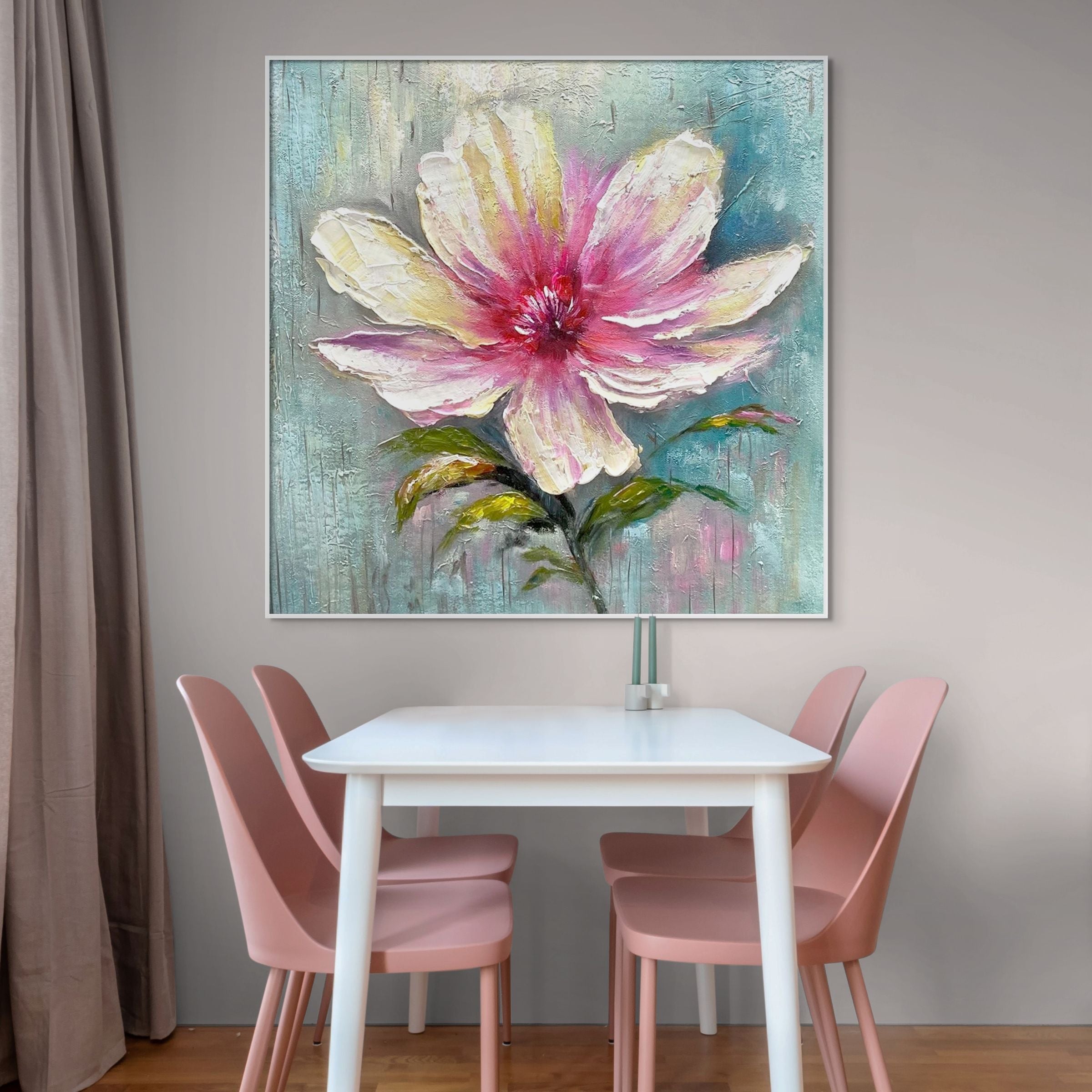 BLUSHING BLOOM: Textured Impasto Soft Pink White Single Flower Canvas