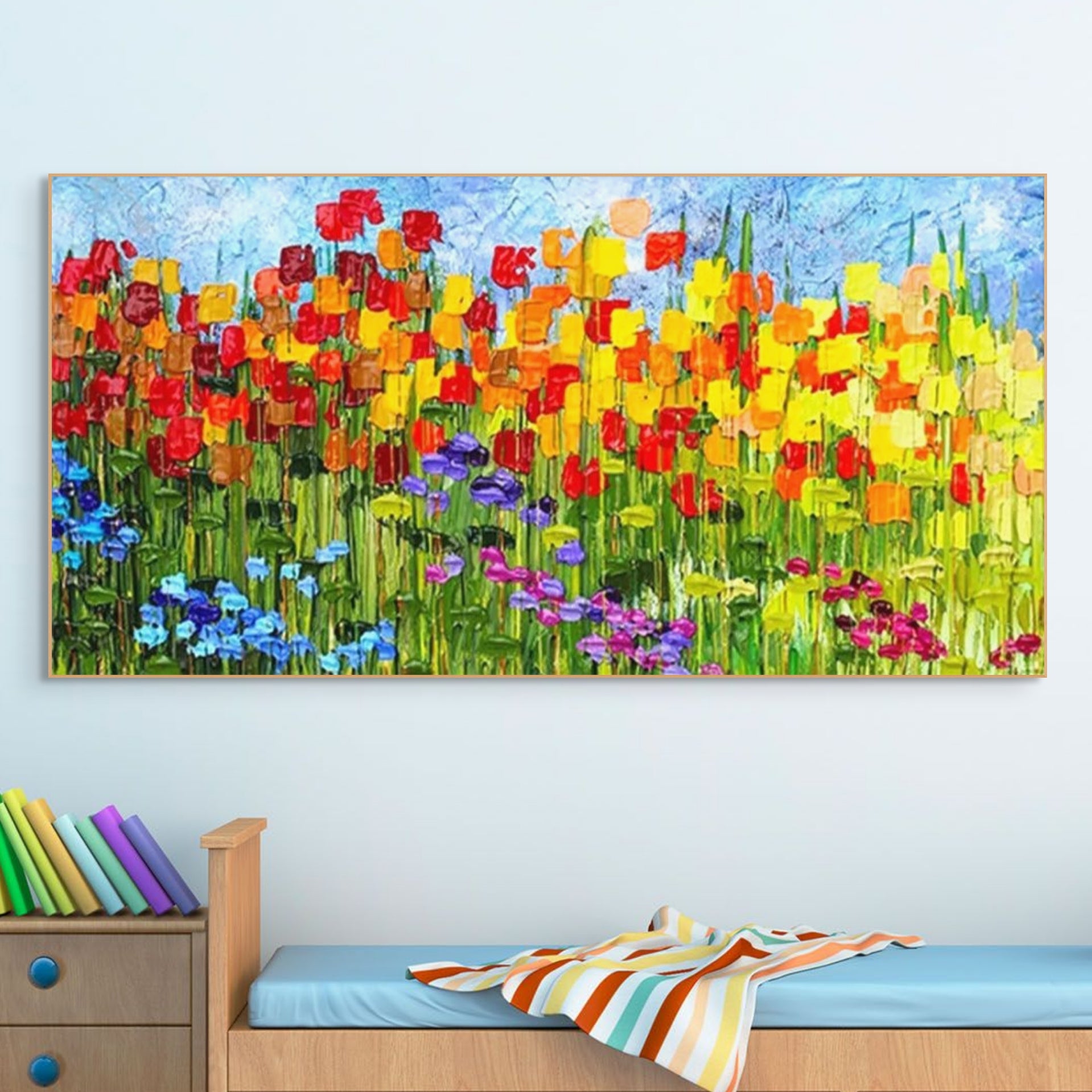 RAINBOW FIELD: Panoramic Impasto Colorful Flower Field Vibrant Canvas