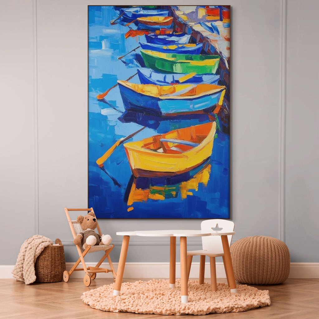 RAINBOW HARBOR: Vibrant Impasto Boatscape Colorful Harbor Art Cheerful Energy