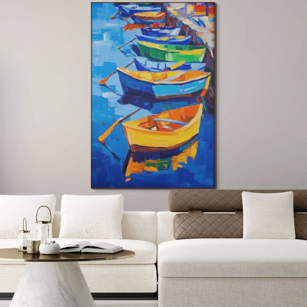 RAINBOW HARBOR: Vibrant Impasto Boatscape Colorful Harbor Art Cheerful Energy