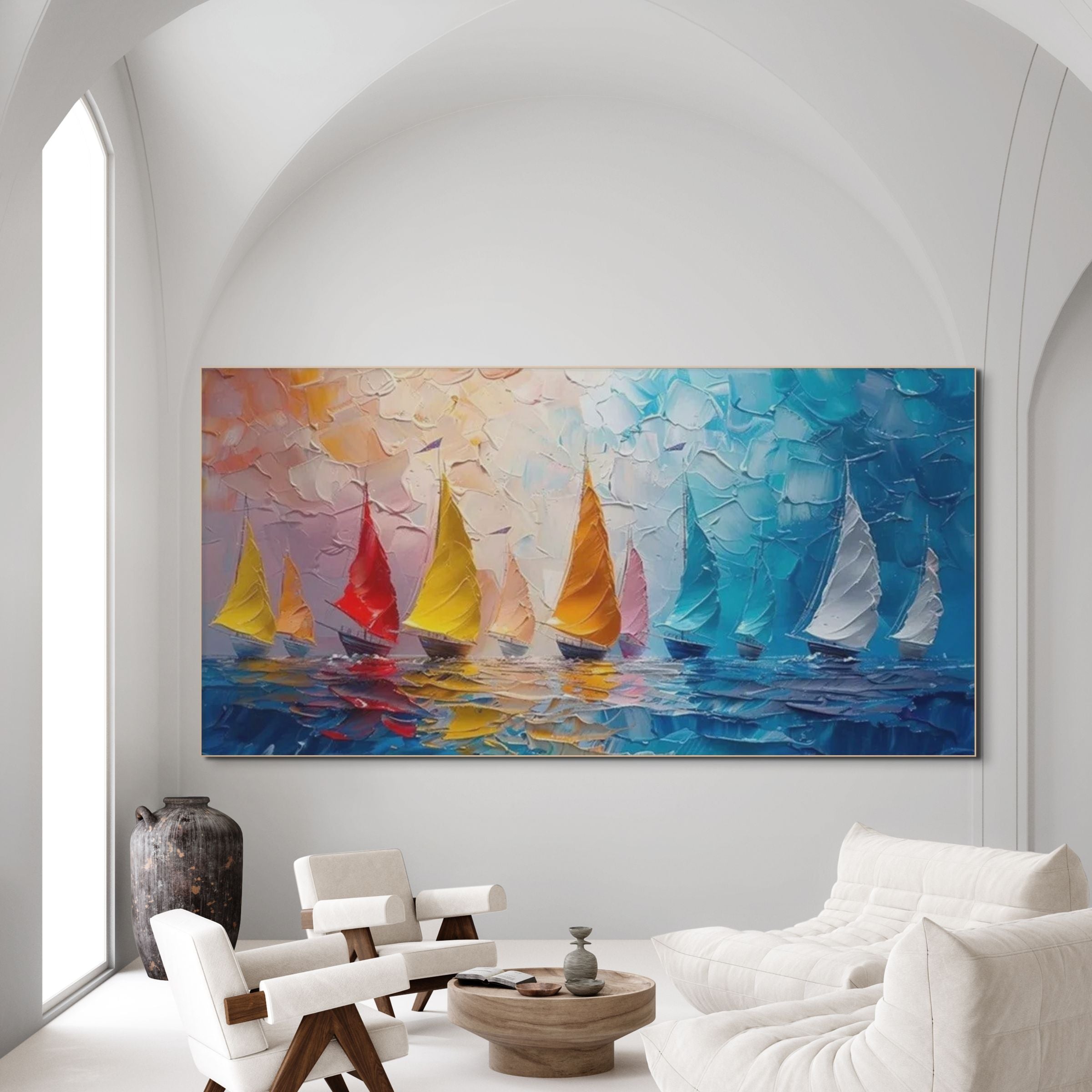 REGATTA: Textured Sailboat Painting Panoramic Canvas Coastal Wall Art