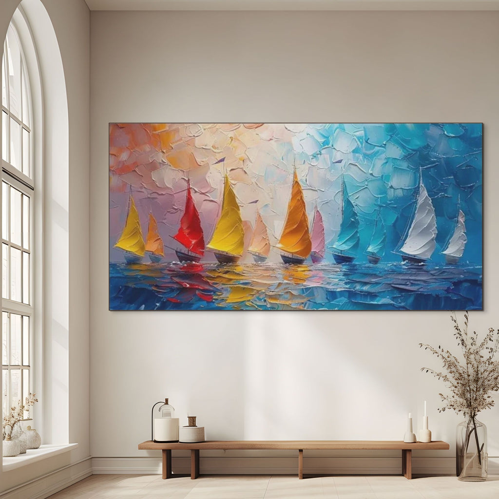 REGATTA: Textured Sailboat Painting Panoramic Canvas Coastal Wall Art