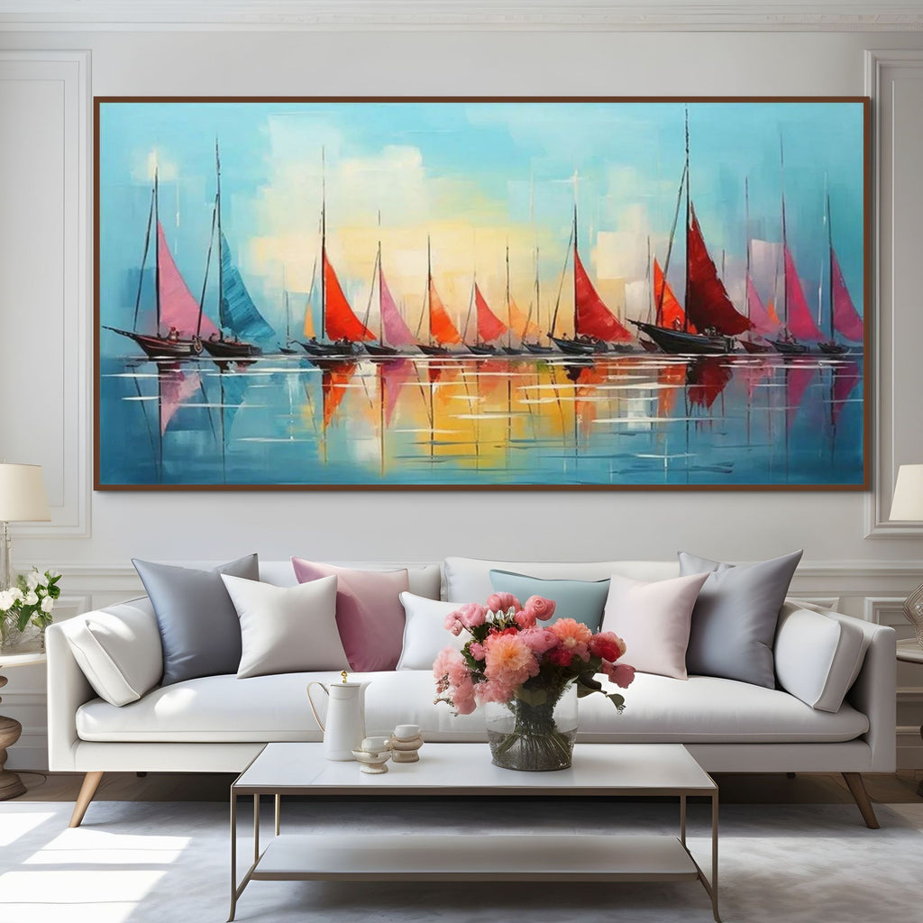 REGATTA AT DAWN: Textured Sailboat Seascape Panoramic Wall Art
