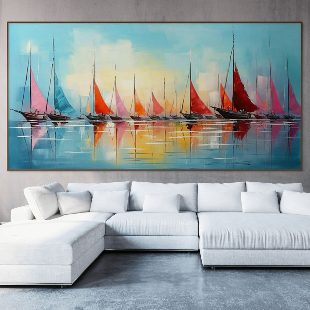 REGATTA AT DAWN: Textured Sailboat Seascape Panoramic Wall Art
