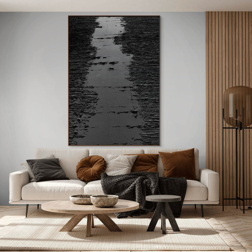 RIPPLED EBONY CASCADE: Black Minimalist Textured Wall Art