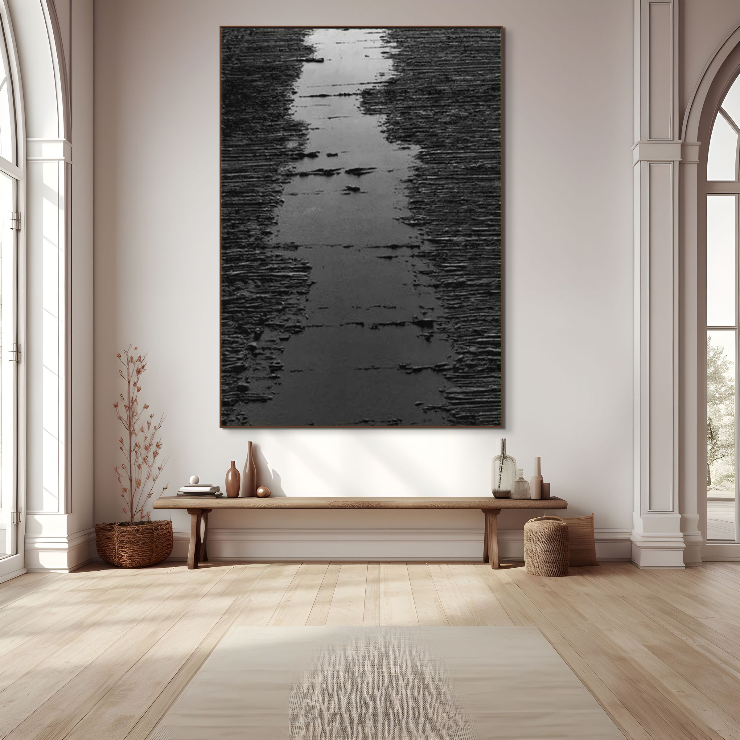 RIPPLED EBONY CASCADE: Black Minimalist Textured Wall Art