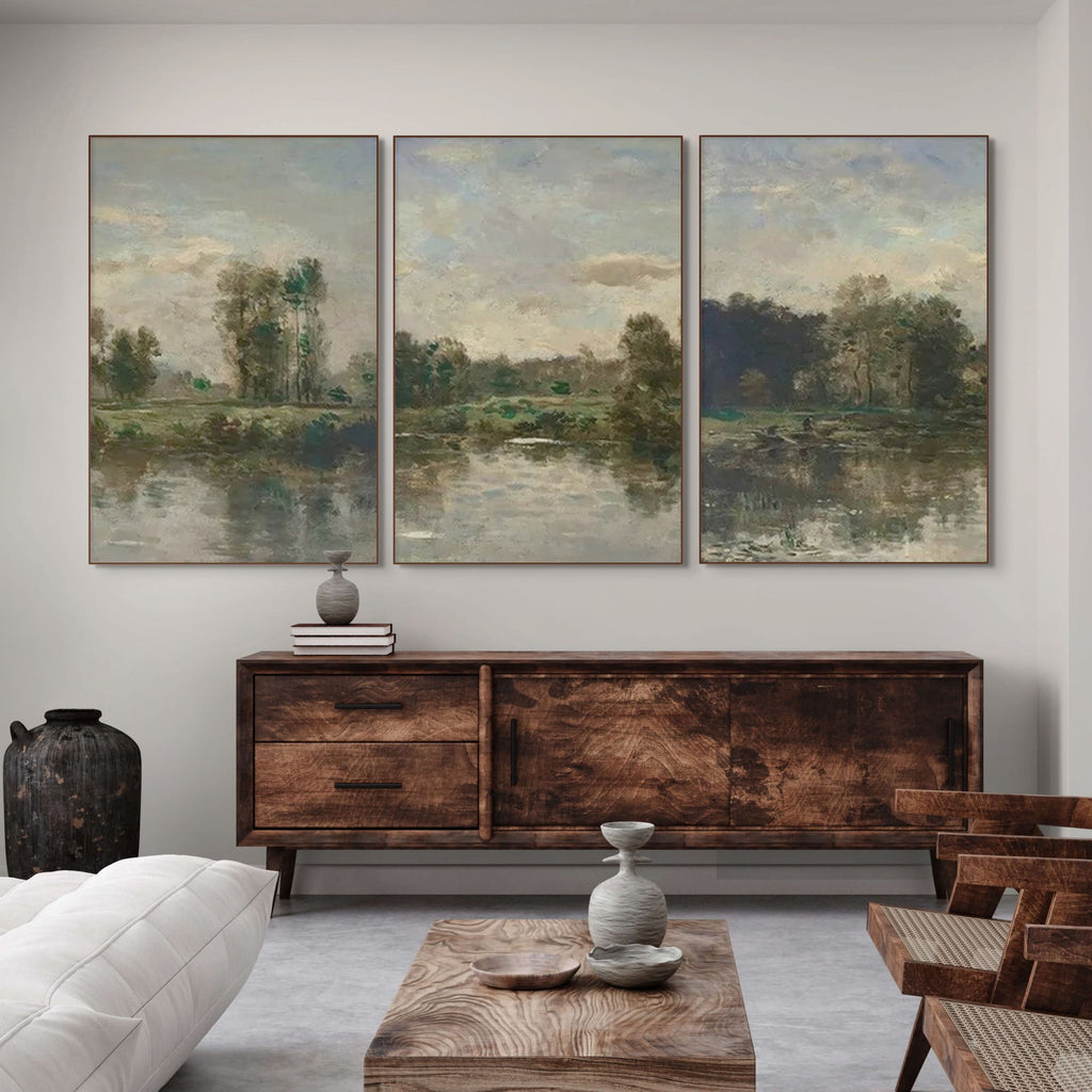 RIVERSIDE TRIPTYCH: Tranquil River Triptych Wall Art Set of 3