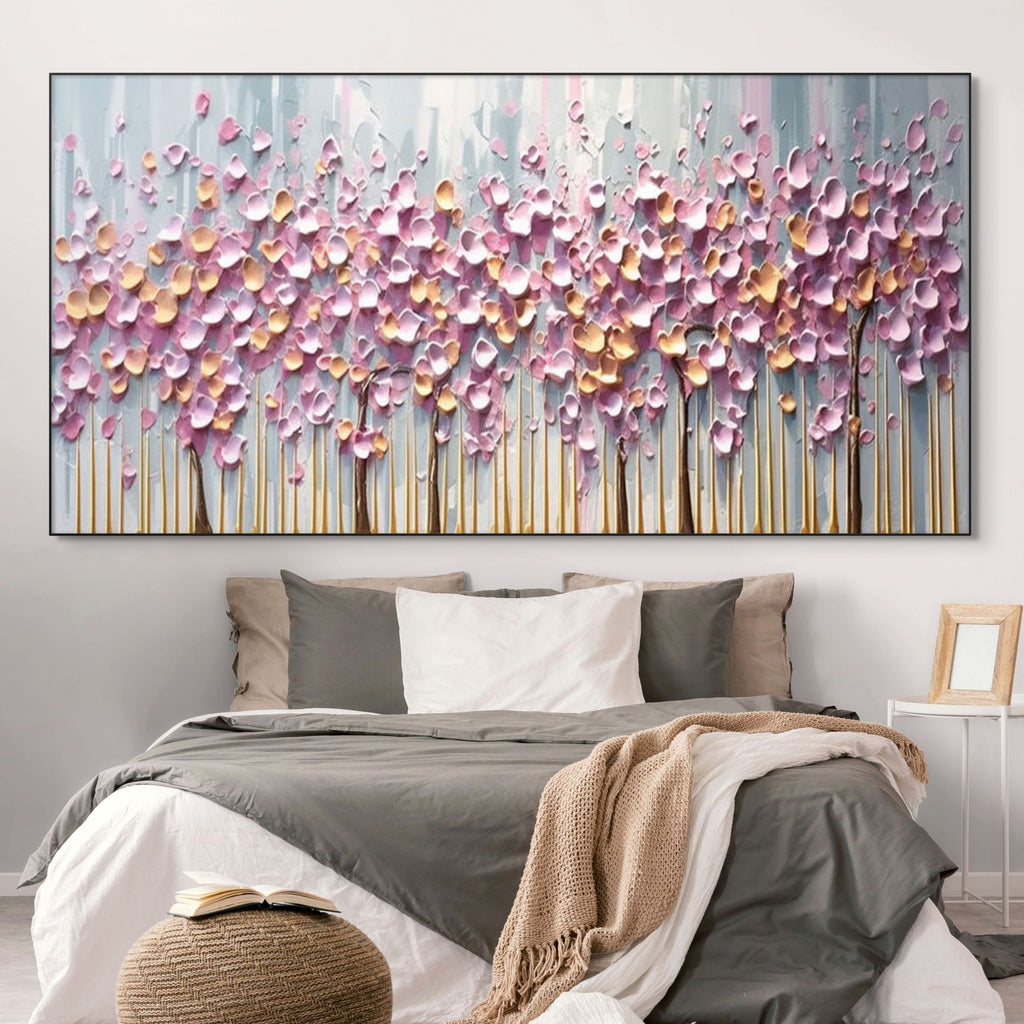 ROSEWOOD DAWN: Stylized Trees Pink Blossom Canvas