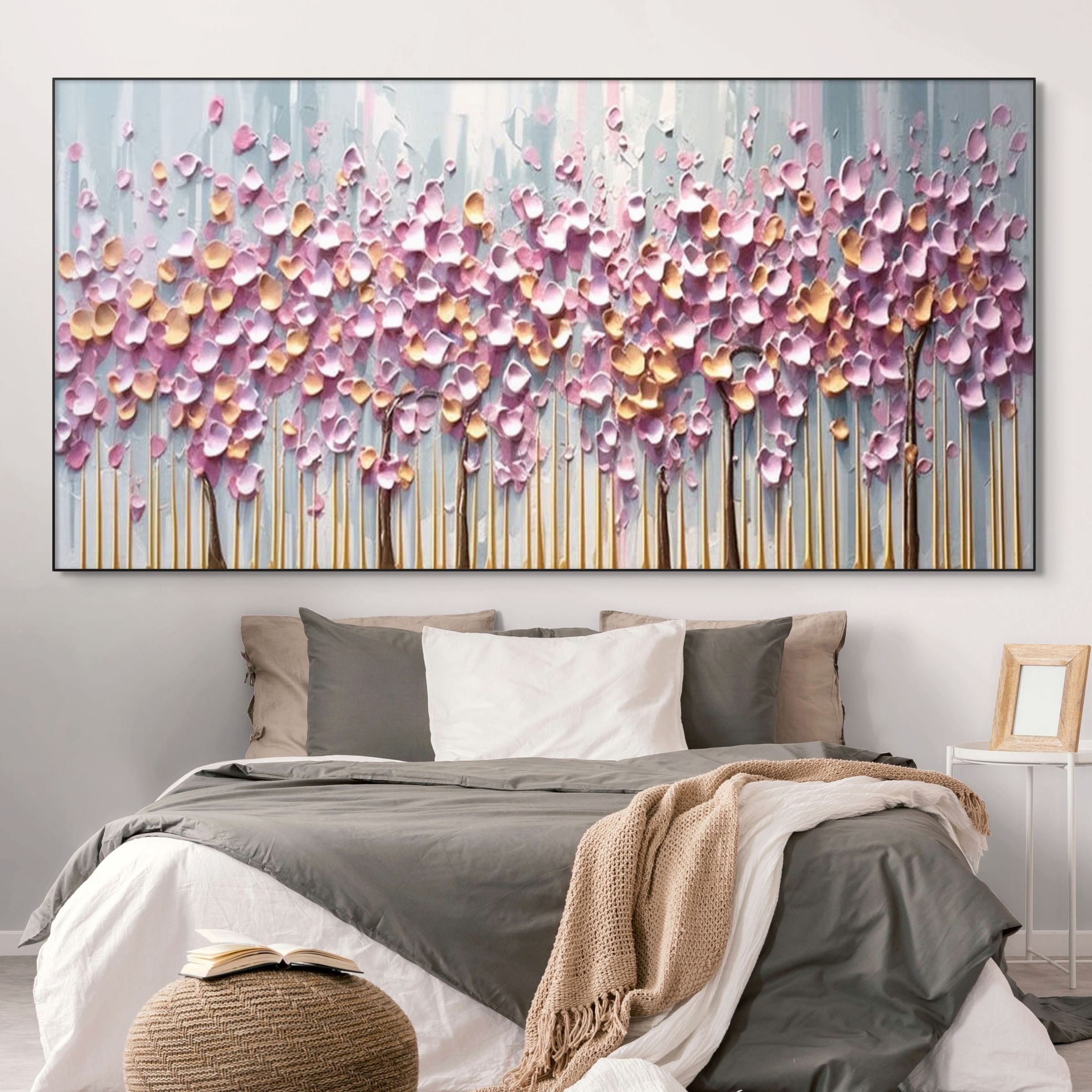 ROSEWOOD DAWN: Stylized Trees Pink Blossom Canvas