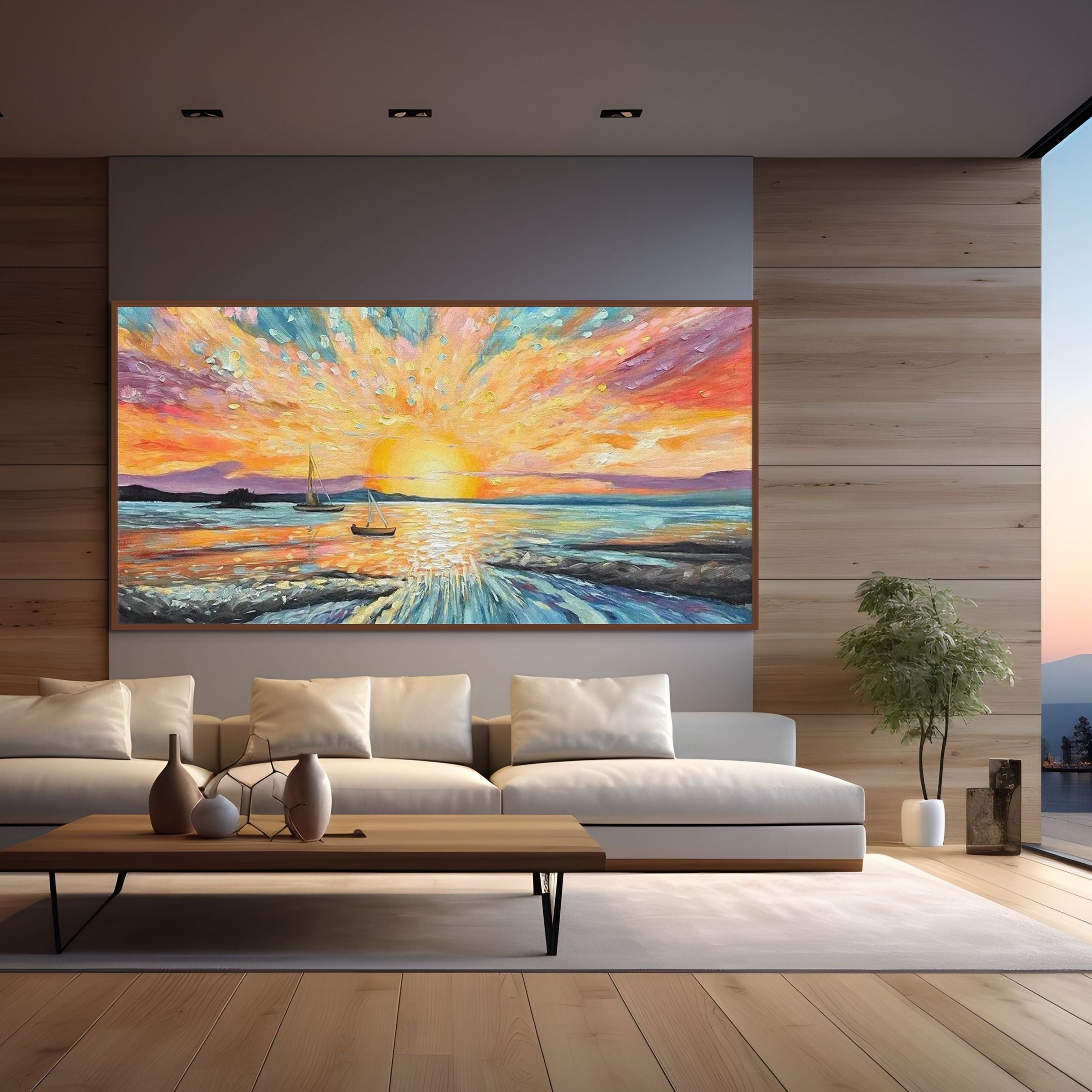 SAILING AT SUNSET: Textured Sailboat Seascape Panoramic Wall Art