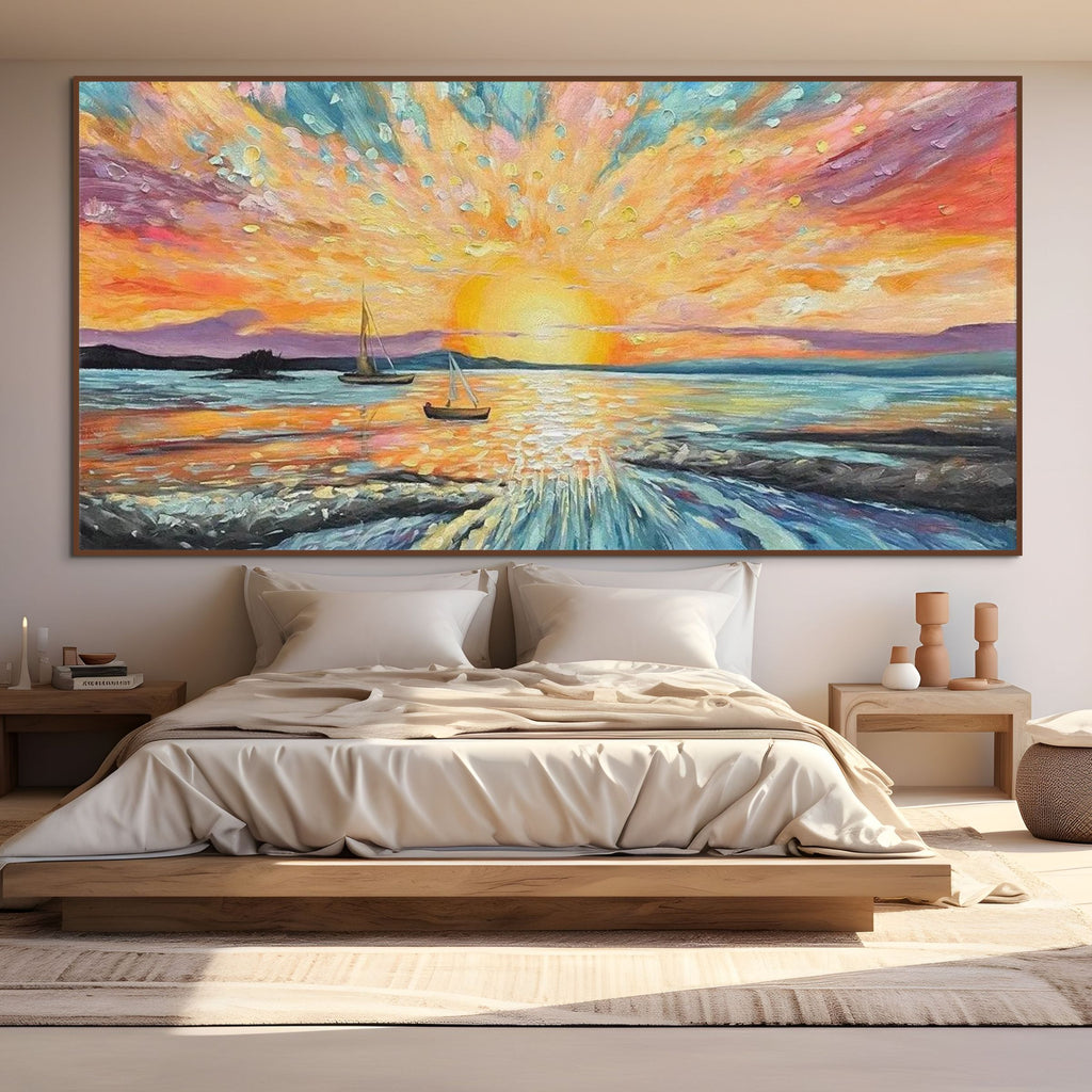 SAILING AT SUNSET: Textured Sailboat Seascape Panoramic Wall Art