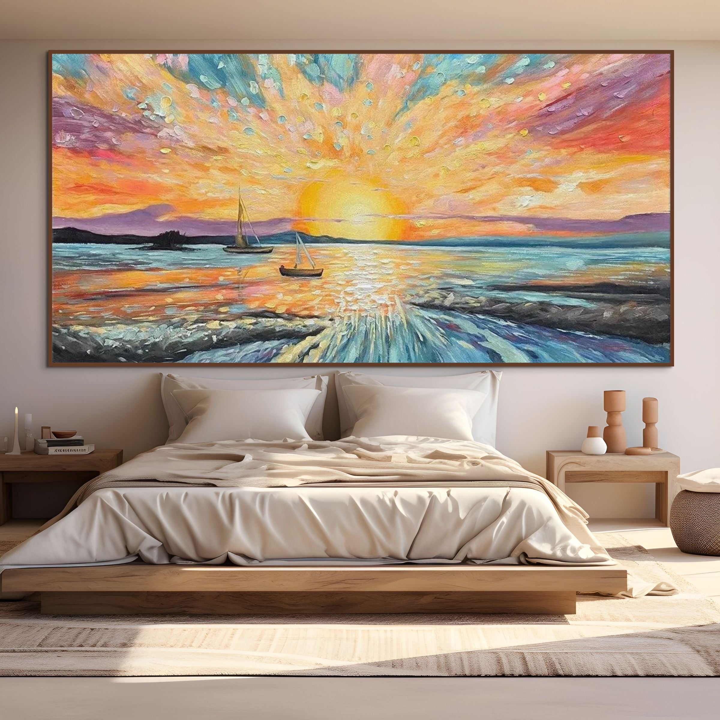 SAILING AT SUNSET: Textured Sailboat Seascape Panoramic Wall Art