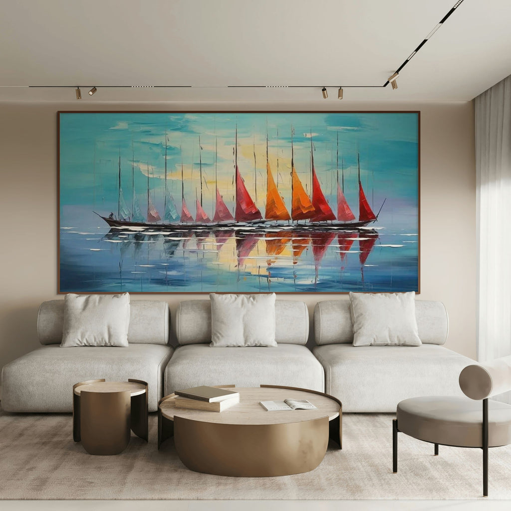 SAILING INTO SUNSET: Textured Sailboat Seascape Panoramic Wall Art