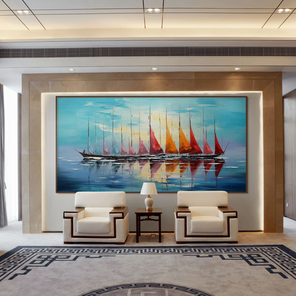 SAILING INTO SUNSET: Textured Sailboat Seascape Panoramic Wall Art
