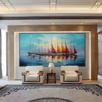 SAILING INTO SUNSET: Textured Sailboat Seascape Panoramic Wall Art