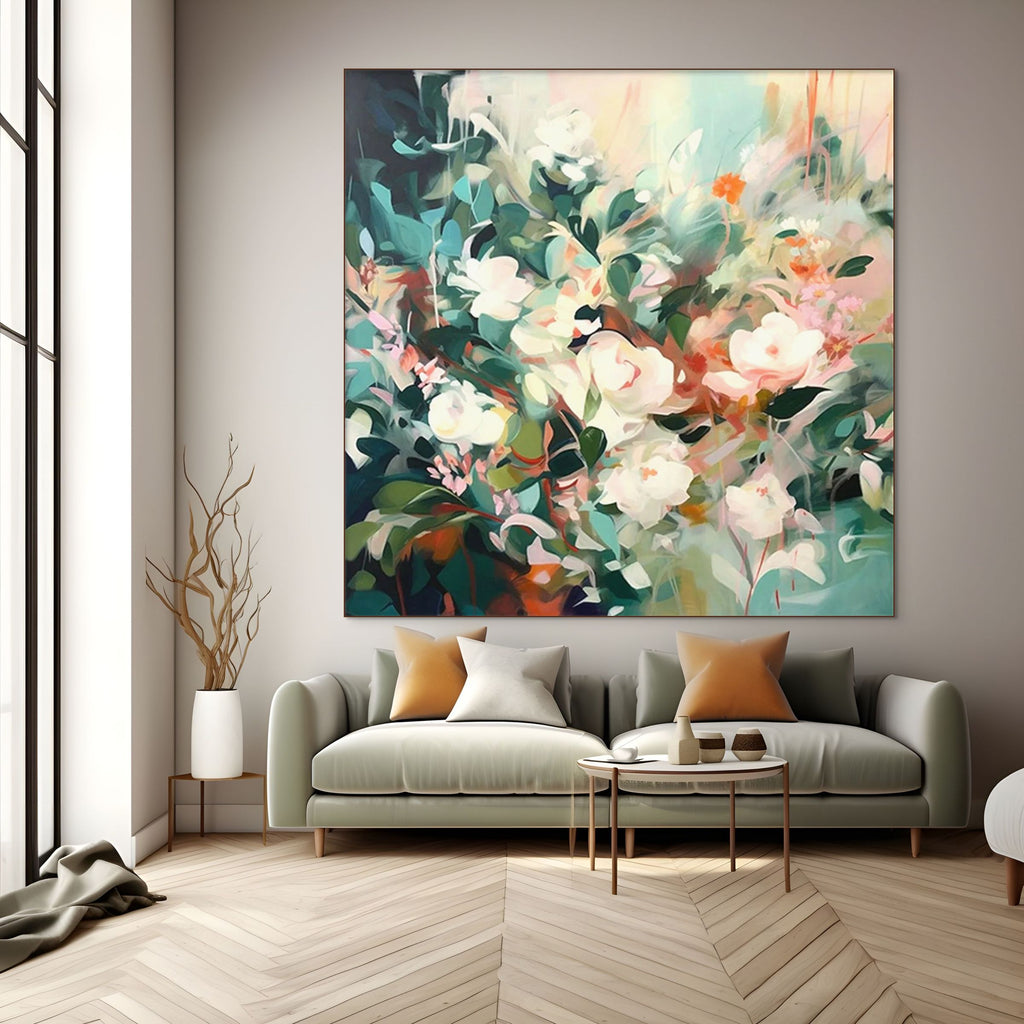 SECRET GARDEN: Impressionistic Soft Hue Square Floral Oil Canvas