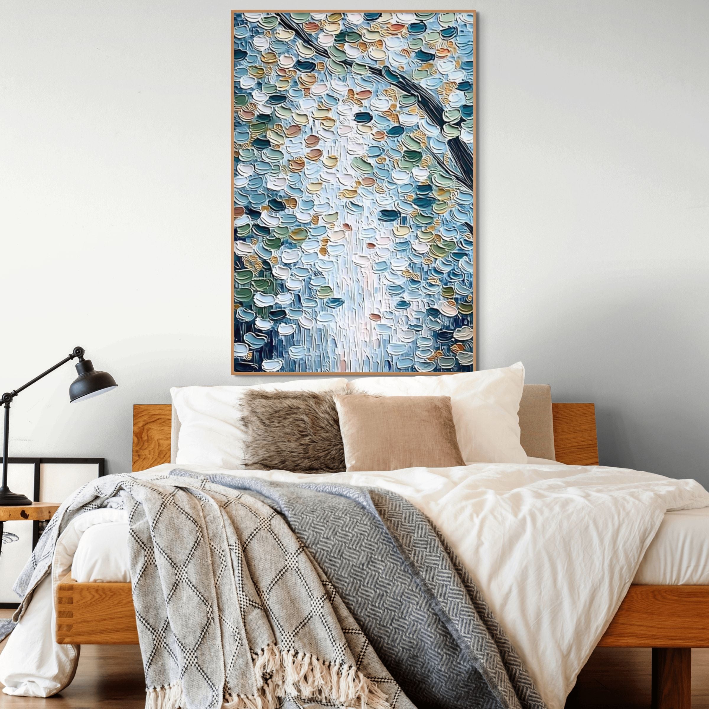 SERENE CASCADE: Textured Impasto Cool Blues Falling Leaves Canvas
