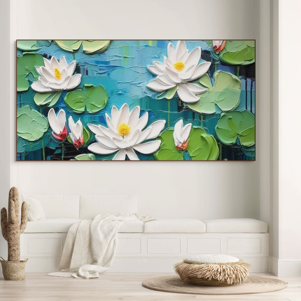 SERENE LOTUS POND: Textured Impasto Water Lilies Canvas