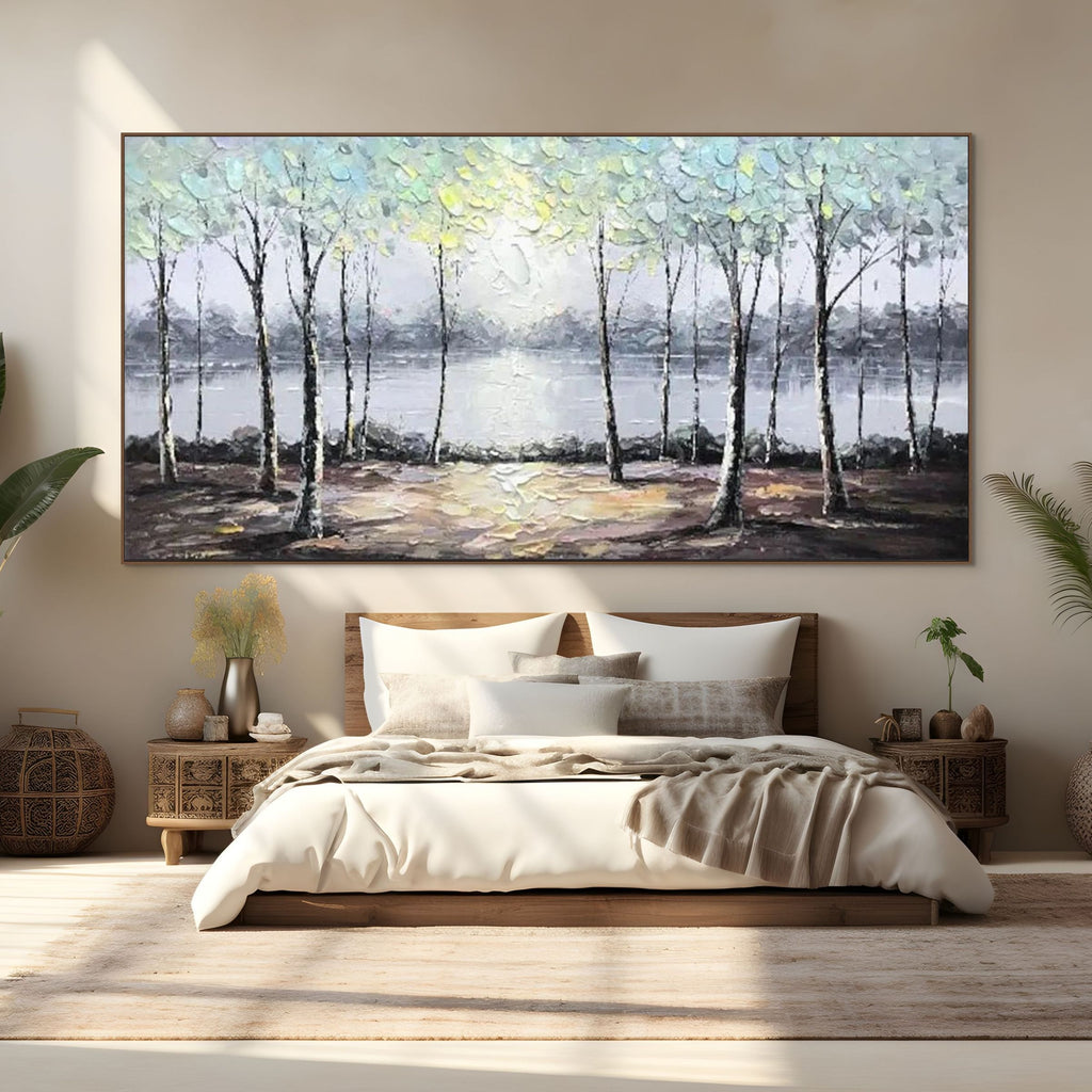 SERENE WATERS: Textured Trees Reflected In Still  Lake Canvas