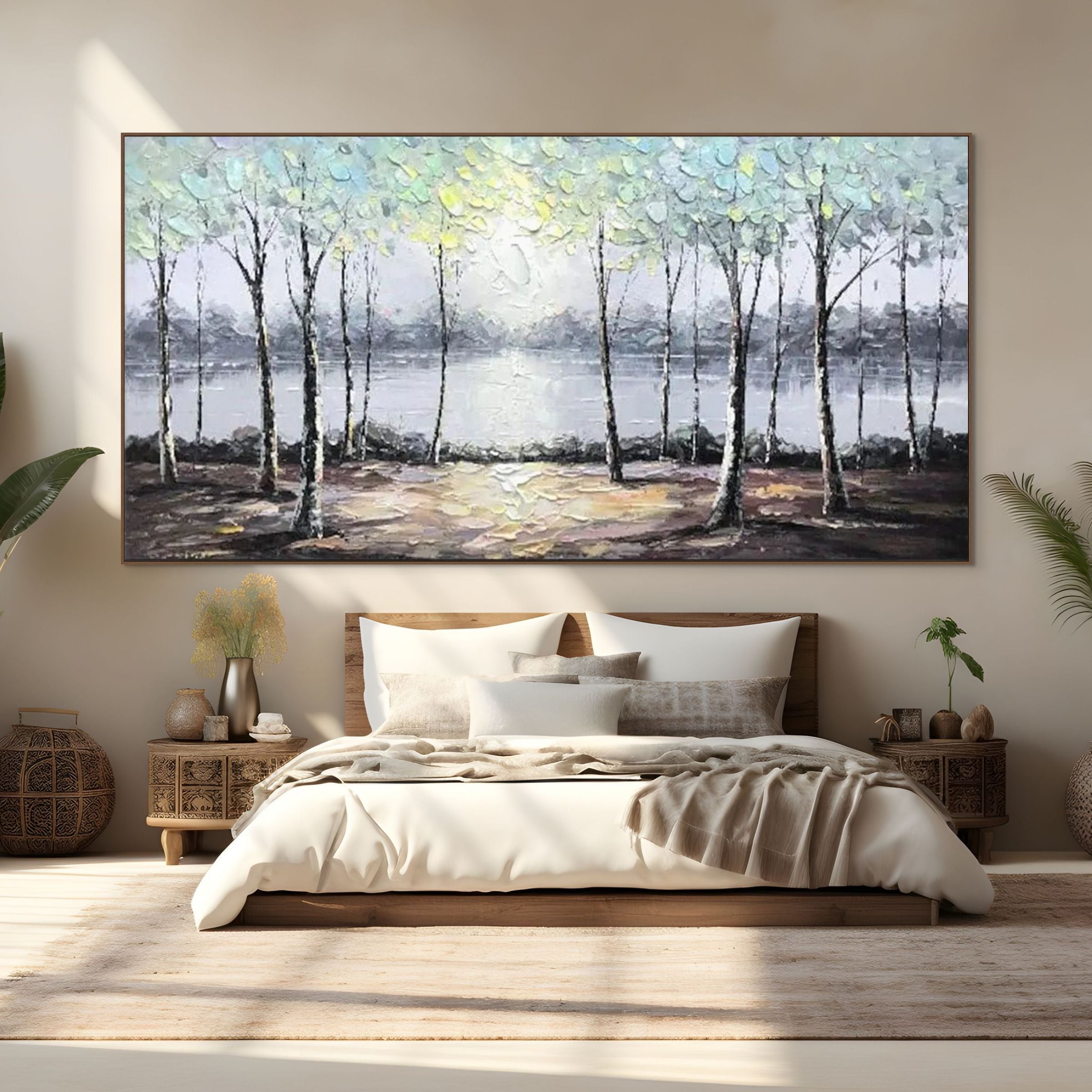 SERENE WATERS: Textured Trees Reflected In Still  Lake Canvas