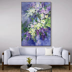 SERENITY IN PURPLE: Vertical Impasto Purple White Blue Floral Canvas