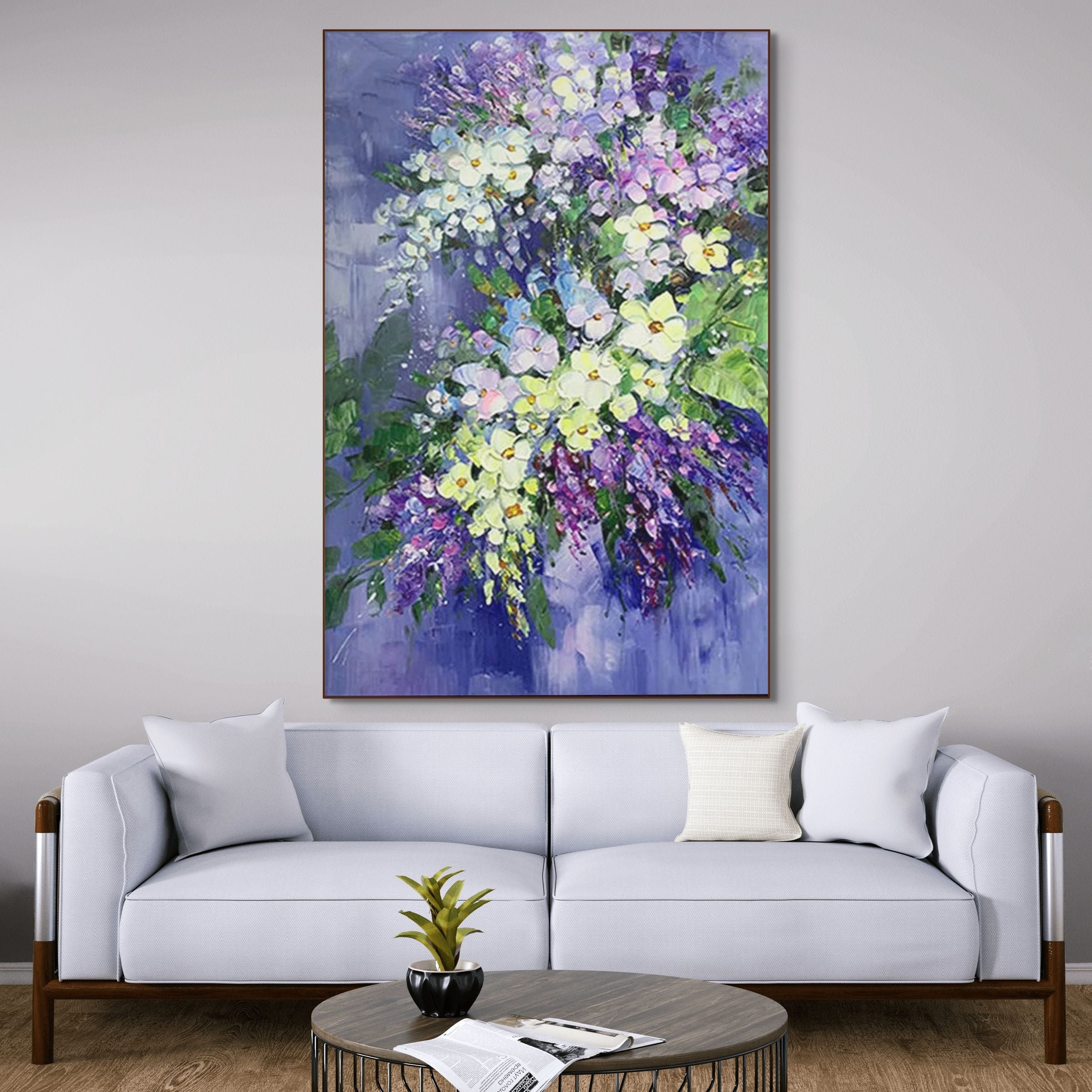SERENITY IN PURPLE: Vertical Impasto Purple White Blue Floral Canvas