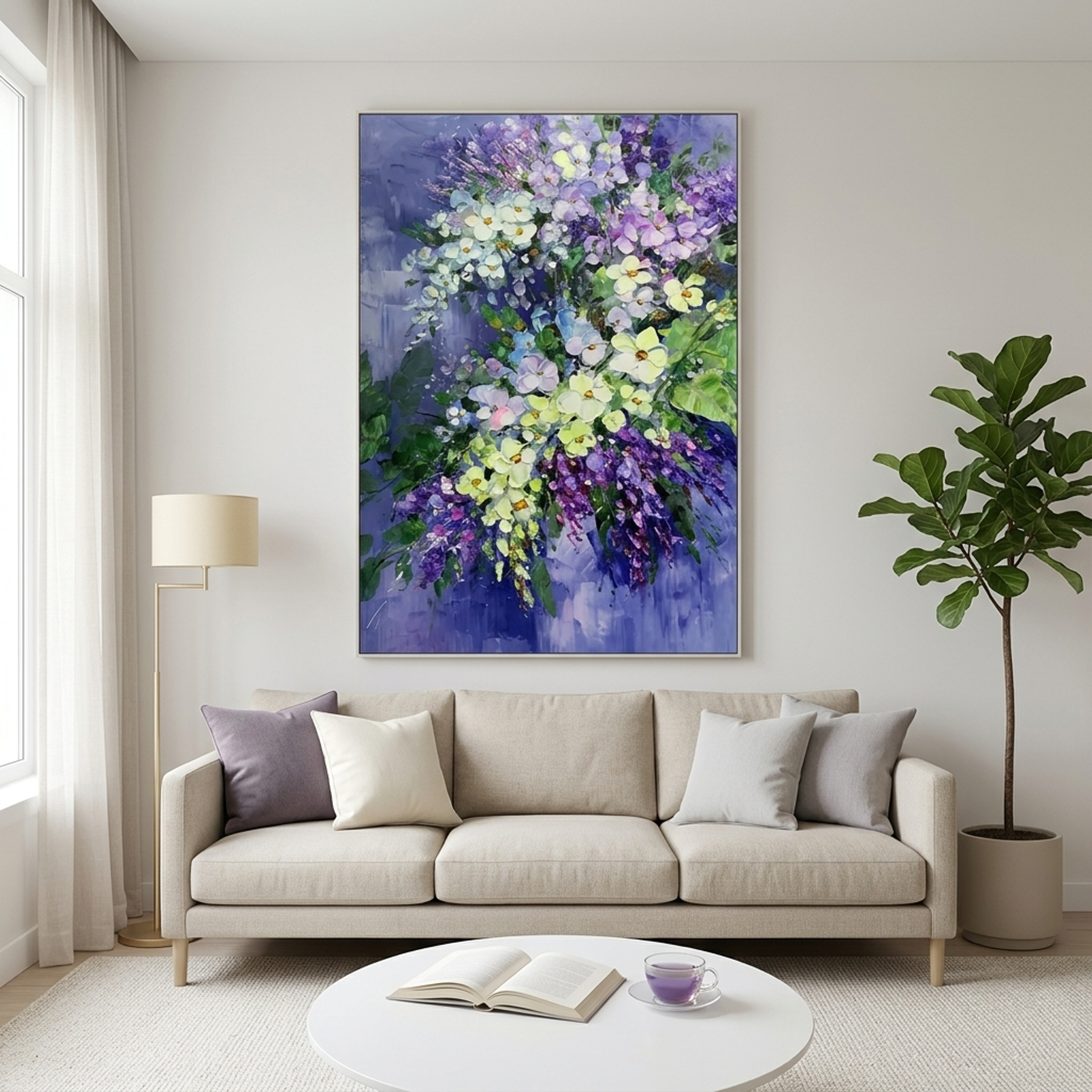 SERENITY IN PURPLE: Vertical Impasto Purple White Blue Floral Canvas