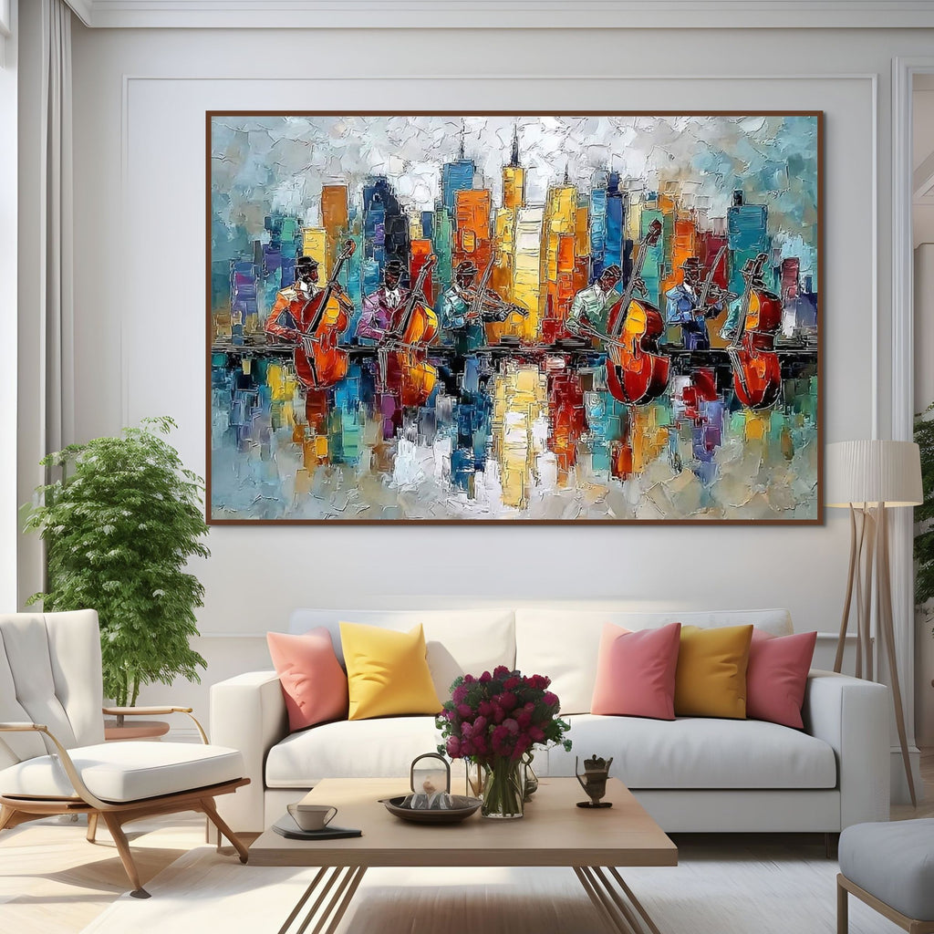 SKYLINE SONATA: Textured Jazz Music Wall Art Palette Knife Painting