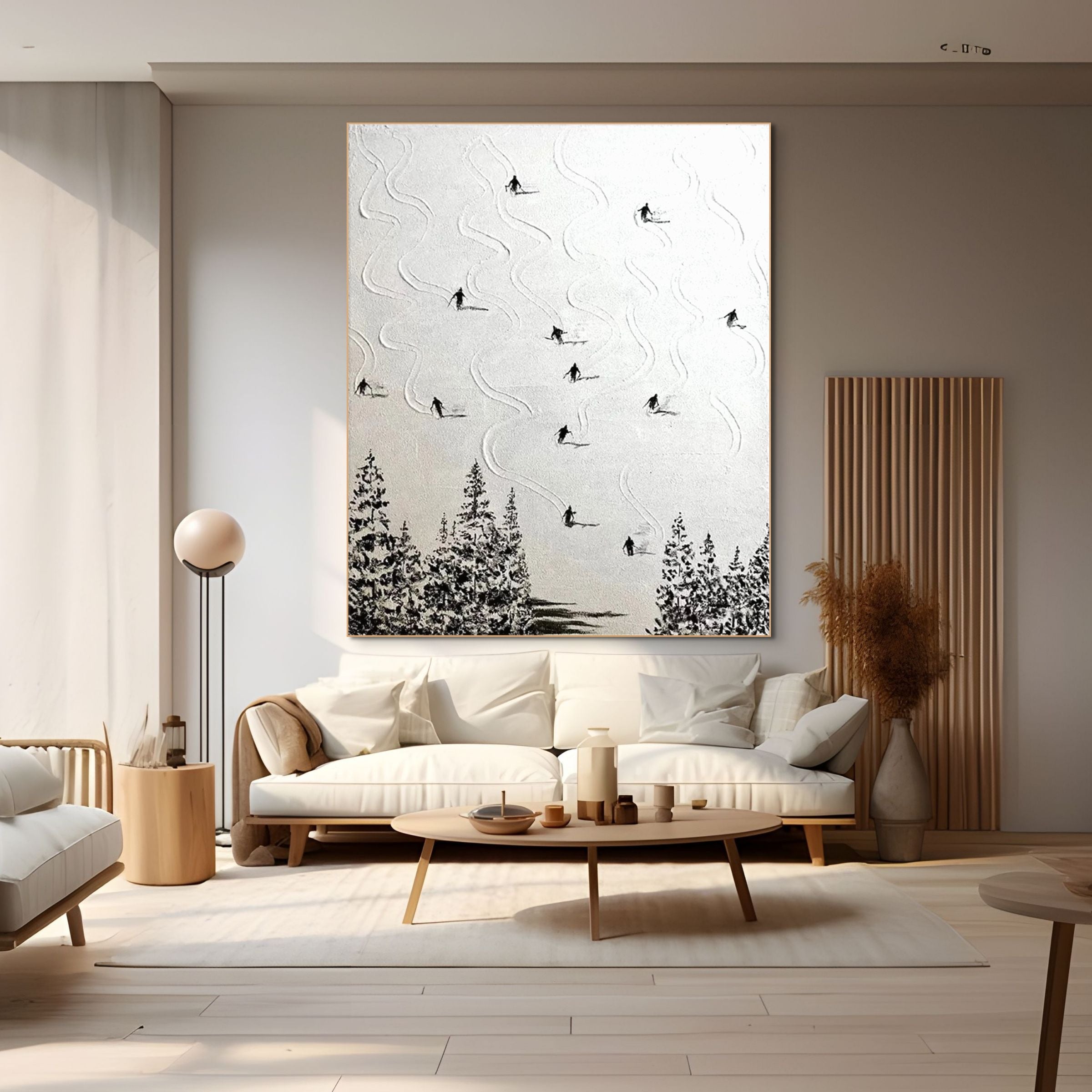 SNOW DANCE: Minimalist Skiing Art on Textured Square Canvas for Contemporary Decor