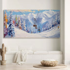 SNOWY SLOPES: Panoramic Ski Resort Painting Winter Landscape Wall Art