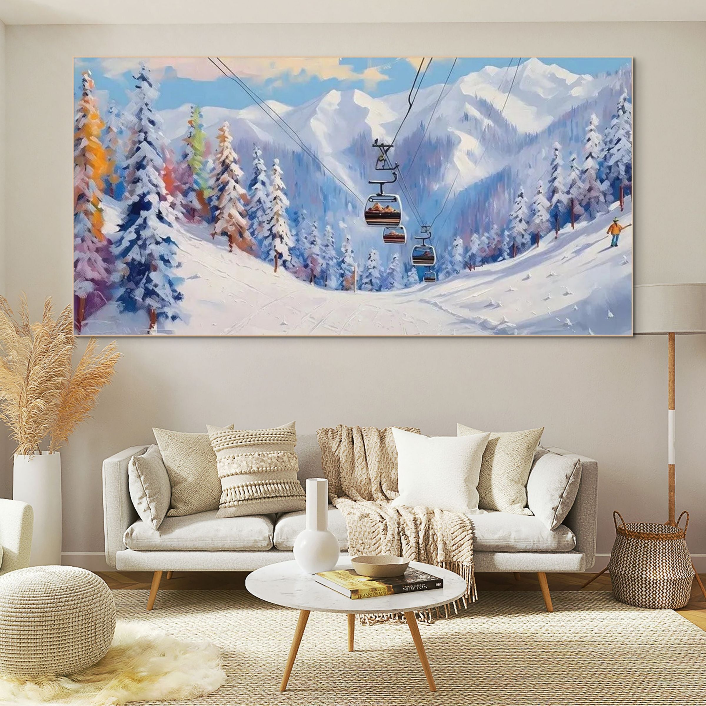 SNOWY SLOPES: Panoramic Ski Resort Painting Winter Landscape Wall Art