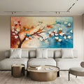 SPRING MELODY: White Blossom Blue Orange Birds Canvas