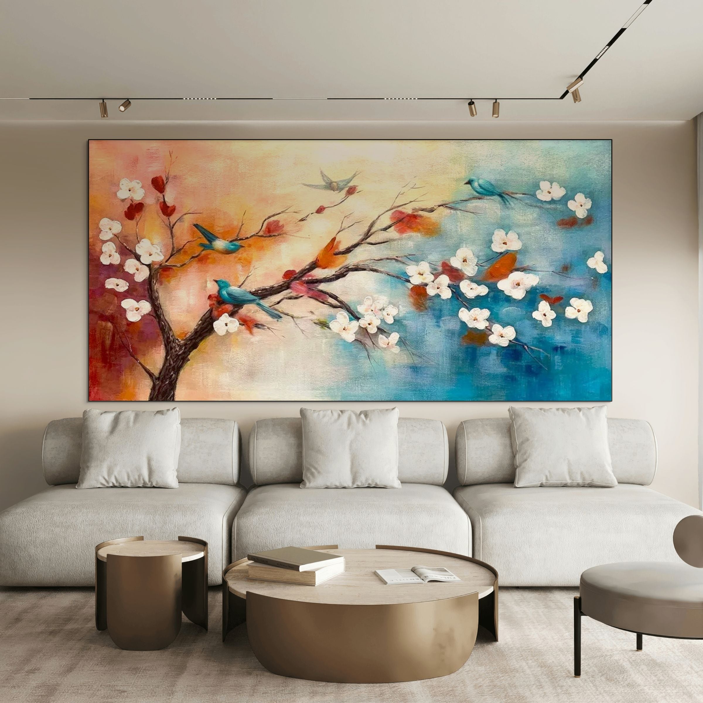 SPRING MELODY: White Blossom Blue Orange Birds Canvas