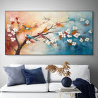 SPRING MELODY: White Blossom Blue Orange Birds Canvas