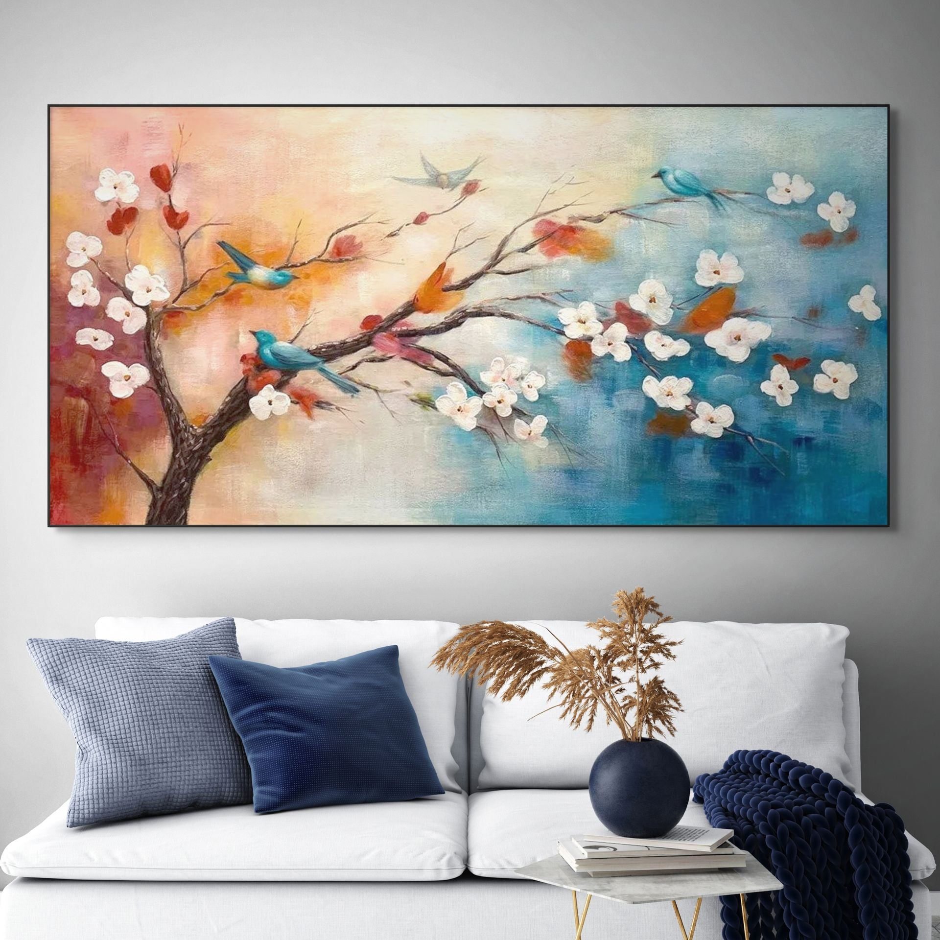 SPRING MELODY: White Blossom Blue Orange Birds Canvas
