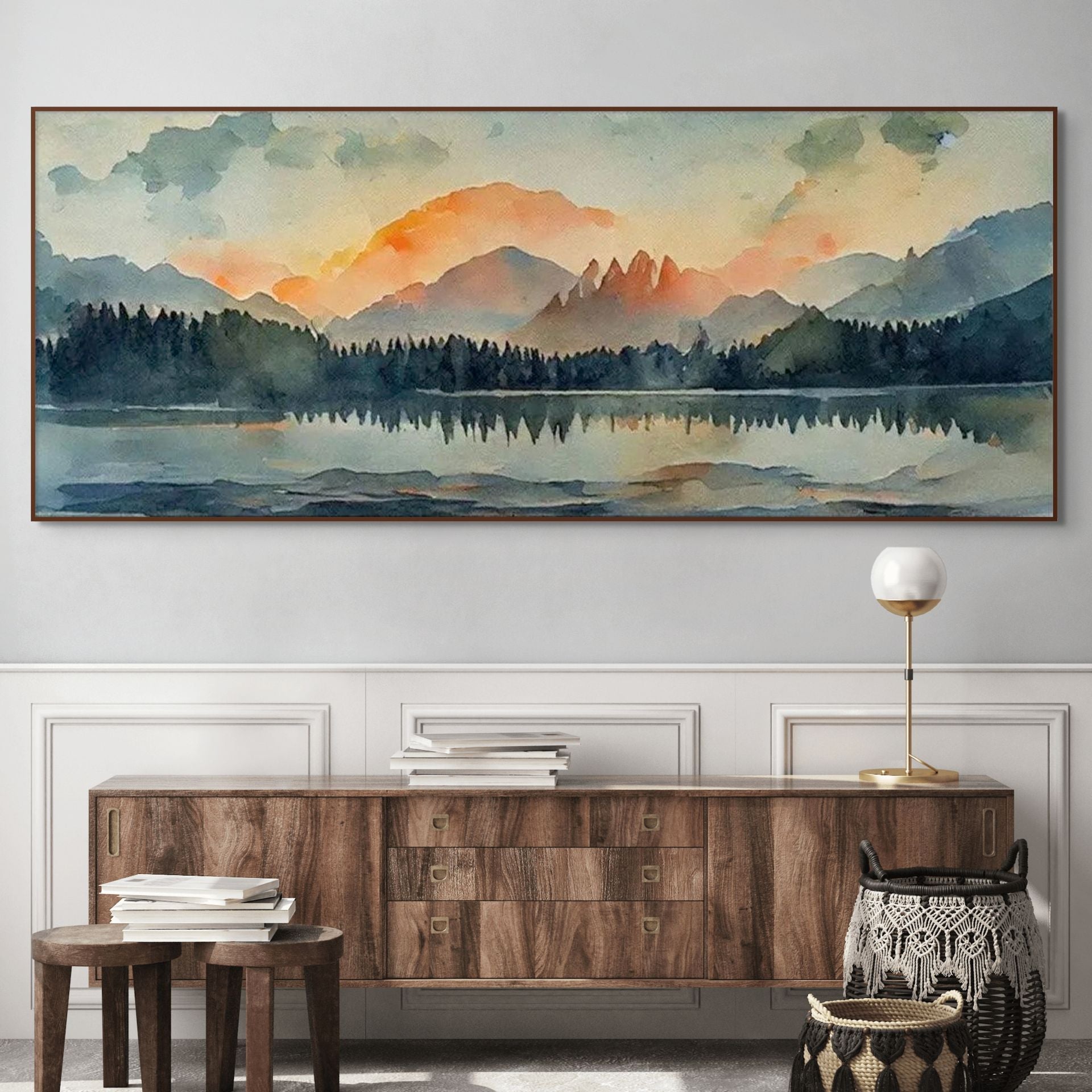 SUNSET SERENITY: Panoramic Mountain Lake Wall Art Sunset Landscape Canvas