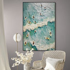 SURF'S UP: Textured Surfers Riding Ocean Waves Canvas