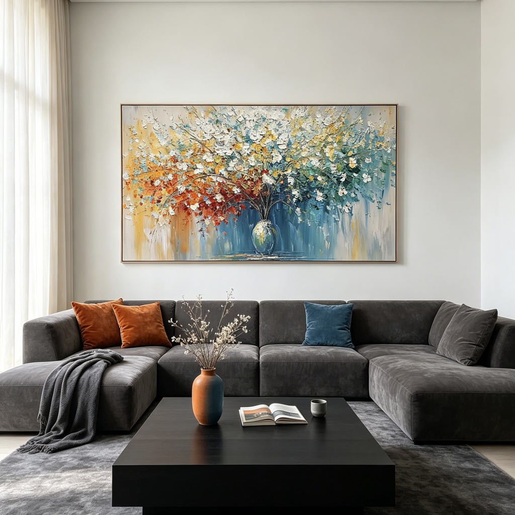 SYMPHONY IN BLOOM: Impasto Fiery Oranges Tranquil Blues Explosion Canvas